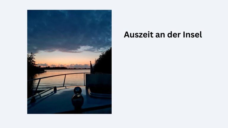 Bild Ausblick vom Boot auf Sonnenuntergang mit dunkler Wolke, Text: Auszeit an der Insel