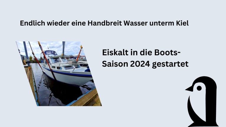 Grafik Start eiskalt in die Bootssaison 2024 gestartet, Zu sehen: Zeichnung Pinguin und Foto von Boot an Kran