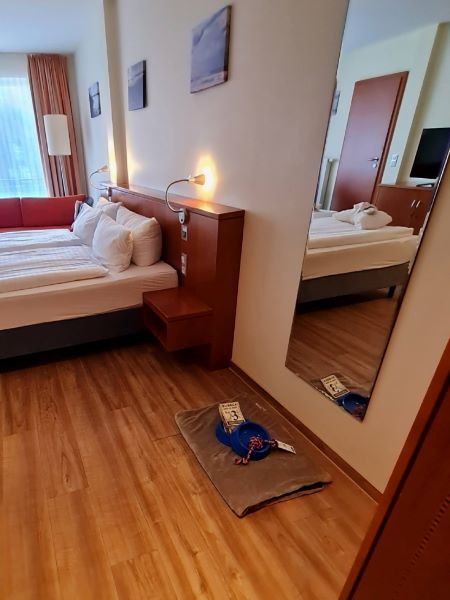 Hundeecke Zimmer Hotel Atlantic Juist Decke, zwei Näpfe, Leckerchen, Spielzeug