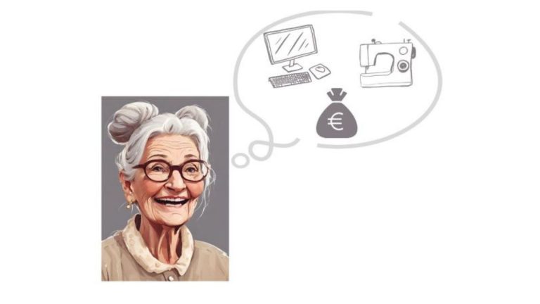 KI Bild zeigt Oma mit Dutt und eine Denkblase mit Zeichnung Laptop, Nähmaschine, Geldsack