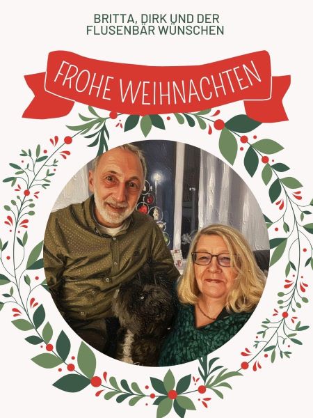 Weihnachtskarte 2025 Britta Langhoff Frohe Weihnachten mit Mann und Hund